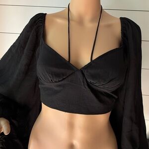 Hello Molly Black Open Back Puff Sleeve Cropped Top Blouse Sz 4
